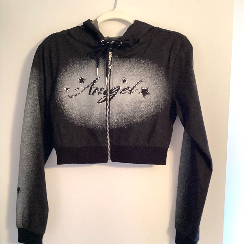 NWT Dolls Kill ANGEL Cropped Hoodie with Rhinestone Accent SZ M